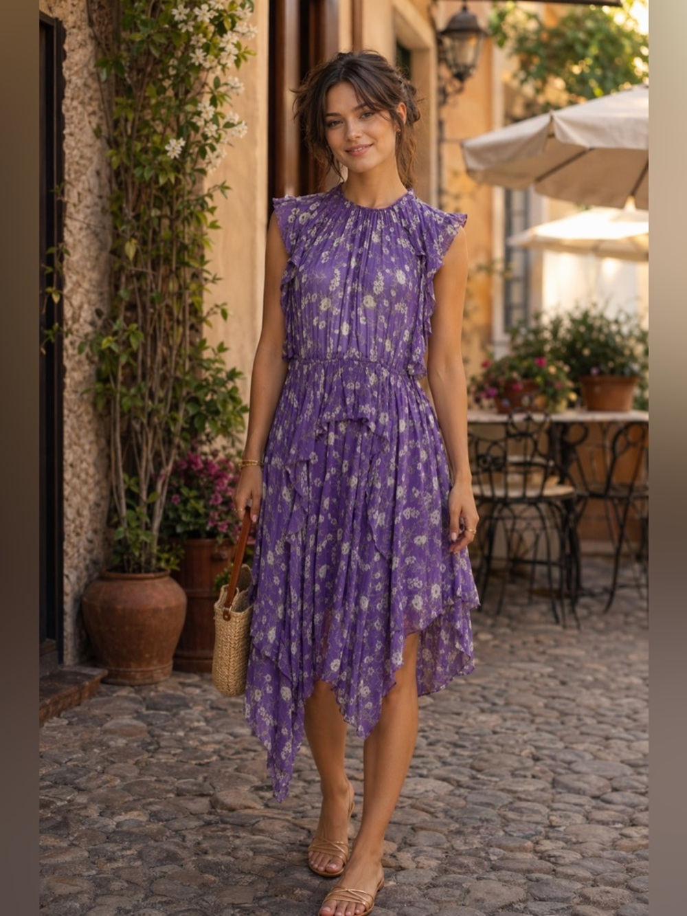 Ulla Johnson Silk Midi Dress SZ 2 Purple Floral Ruffle Boho Dress